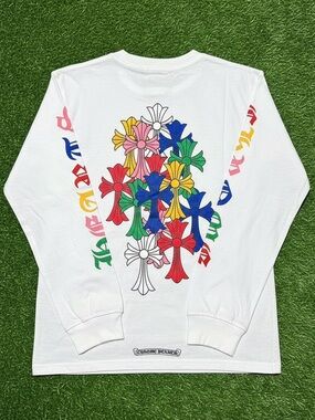 Chrome Hearts White Long-Sleeve Tee with Multicolor Flower Cross Graphics
